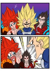 Rule 34 | abs, absurdres, black hair, body fur, closed mouth, dragon ball, dragon ball daima, dragon ball gt, gogeta, highres, long hair, male focus, monkey boy, monkey tail, muscular, muscular male, open mouth, pectorals, red fur, red hair, simple background, spiked hair, super saiyan, super saiyan 3, super saiyan 4, tail, teeth, vegeta, yuuri (fukuroudou)