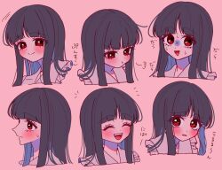 1girl averting_eyes black_hair blush closed_mouth commentary hashtag-only_commentary highres houraisan_kaguya long_hair looking_at_viewer multiple_expressions multiple_views open_mouth pink_background pout red_eyes smile sweat sweatdrop ta_mi_01000 touhou translation_request