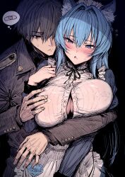 1boy 1girl alternate_costume apron bandaid bandaids_on_nipples black_background black_eyes black_hair blue_eyes blue_hair blush breasts character_name cleavage collar commander_(nikke) commentary cowboy_shot dress enmaided flying_sweatdrops frilled_collar frills goddess_of_victory:_nikke grabbing_another&#039;s_breast grabbing_from_behind groping hair_between_eyes hair_intakes haoni hashtag-only_commentary helm_(nikke) hetero highres hug hug_from_behind large_breasts long_hair long_sleeves looking_down maid maid_apron maid_headdress neck_ribbon no_bra paid_reward_available parted_lips partially_unbuttoned pasties ribbon simple_background speech_bubble standing sweatdrop thought_bubble