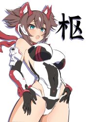 1girl absurdres asura_ninja bare_shoulders black_gloves blue_eyes blush breasts brown_hair commentary covered_navel cowboy_shot elbow_gloves gloves haruwo0096 highleg highleg_leotard highres impossible_clothes impossible_leotard large_breasts leotard megami_device open_mouth red_scarf scarf simple_background solo twintails variant_set white_background white_leotard
