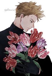 1boy axis_powers_hetalia black_shirt blonde_hair bouquet ca_lamari dutch_text flower gloves green_eyes hair_slicked_back highres holding holding_bouquet male_focus netherlands_(hetalia) profile scar scar_on_face scar_on_forehead shirt short_hair simple_background solo spiked_hair turtleneck upper_body white_background