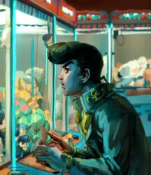 Rule 34 | 1boy, anchor ornament, aqua theme, black hair, brooch, character doll, commentary, controller, crane game, diamond wa kudakenai, doll, earrings, from side, gakuran, heart, heart brooch, higashikata josuke, high collar, highres, jewelry, jojo no kimyou na bouken, joystick, long sleeves, male focus, pompadour, profile, santamanymany, school uniform, shirt, solo, stud earrings, yellow shirt