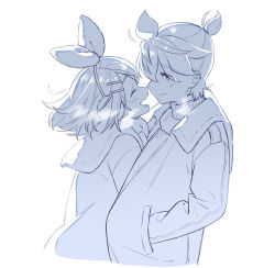 ^_^ ahoge arms_around_waist bon_bon_eee bow breath closed_eyes coat cold earmuffs face-to-face from_side fur-trimmed_coat fur_collar fur_trim hair_bow hair_ornament hairclip half-closed_eyes hands_in_pockets happy highres implied_hug kagamine_len kagamine_rin looking_at_another lower_teeth_only monochrome parallel_hairclips ponytail profile sailor_collar short_hair short_ponytail sketch smile sweater swept_bangs teeth turtleneck turtleneck_sweater vocaloid wavy_hair winter_clothes winter_coat
