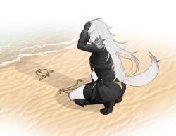 1girl absurdres arknights artist_name ass beach bikini bikini_over_clothes black_boots black_dress black_gloves black_jacket bloom boots cropped_jacket dress dressed_shadow_(meme) from_side full_body gloves gold_bikini grey_hair highres jacket lappland_(arknights) long_hair looking_ahead meme ocean ohkurrva phallic_symbol shadow solo squatting swimsuit tail unworn_bikini very_long_hair wolf_girl wolf_tail