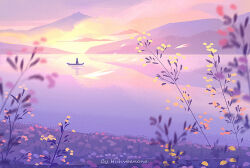 artist_name blurry boat cloud flower huhv. lake mountain mountainous_horizon original outdoors plant reflection scenery sky sunset water watercraft