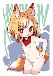 1girl :3 animal_ear_fluff animal_ears babalilo blush cleft_of_venus cropped_legs flat_chest fox_ears fox_girl fox_tail hand_on_own_hip hands_on_own_hips highres loli looking_at_viewer nipples nude open_mouth original pussy red_eyes red_scarf scarf short_hair sketch solo tail thick_eyebrows uncensored