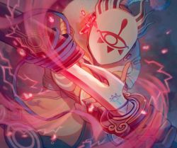 1boy agisato high_collar kohga looking_at_viewer mask nintendo red_lightning sword the_legend_of_zelda the_legend_of_zelda:_breath_of_the_wild topknot weapon yiga_clan
