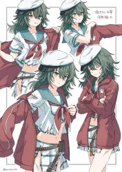 1girl belt breasts commentary_request green_eyes green_hair green_sailor_collar hat heterochromia highres jacket kantai_collection kiso_(kancolle) kiso_(saury_festival)_(kancolle) kiso_kai_ni_(kancolle) medium_breasts multiple_views narukan navel neckerchief pleated_skirt red_jacket red_neckerchief sailor_collar sailor_hat school_uniform serafuku skirt torn_clothes translation_request utility_belt white_hat white_skirt yellow_eyes