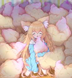 Rule 34 | 1girl, :d, ^ ^, absurdres, animal ears, blonde hair, blue jacket, closed eyes, fang, fluffy, fox ears, fox girl, fox tail, full body, highres, hugging own tail, hugging tail, jacket, kneeling, long hair, long sleeves, multiple tails, no pants, open mouth, original, panties, runa fox, skin fang, sleeves past fingers, sleeves past wrists, smile, striped clothes, striped panties, tail, too much fluff, underwear, very long hair