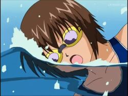 Rule 34 | 1girl, animated, blue one-piece swimsuit, breasts, brown eyes, brown hair, goggles, mamoru (sister princess), one-piece swimsuit, partially submerged, partially underwater shot, pool, pool ladder, poolside, short hair, sister princess, smile, swimming, swimming goggles, swimsuit, tagme, video, water