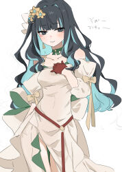 1girl absurdres black_hair blue_hair blush colored_inner_hair dress fate/grand_order fate_(series) gloves grey_eyes hair_ornament hand_on_own_chest highres kaigan0211 looking_at_viewer multicolored_hair red_gloves ribbon smile solo tenochtitlan_(fate) tenochtitlan_(fgo_fes._2025)_(fate) two-tone_hair wavy_hair white_background white_dress
