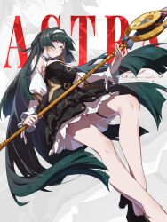 Rule 34 | 1girl, absurdres, astra yao, astra yao (chandelier), black dress, black hair, dress, earrings, feet out of frame, hairband, hakusama233, high heels, highres, holding, holding microphone stand, jewelry, long hair, microphone stand, mole, mole under eye, necklace, official alternate costume, pearl necklace, red eyes, smile, solo, thigh strap, uneven bangs, very long hair, white hairband, zenless zone zero