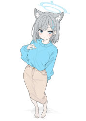1girl alternate_costume animal_ear_fluff animal_ears arm_behind_back blue_archive blue_eyes blue_sweater blush brown_skirt closed_mouth cross_hair_ornament extra_ears grey_hair hair_ornament hand_on_own_chest highres long_hair long_skirt looking_at_viewer pencil_skirt shiroko_(blue_archive) sidelocks skirt solo sweater t1kosewad wolf_ears wolf_girl
