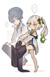 ... 1boy 1girl absurdres alternate_costume barefoot beret black_hat black_pants black_shirt black_shoes black_undershirt blue_shawl blunt_ends casual collared_shirt colored_tips contemporary cosplay cross-shaped_pupils eyelashes eyeliner eyeshadow genshin_impact green_eyes green_hair green_pupils grey_hair grey_pants hair_between_eyes hand_on_own_thigh hat highres holding_pants light_blush long_hair long_sleeves looking_at_another makeup matching_outfits multicolored_hair nahida_(genshin_impact) nero_hanken open_mouth outstretched_arm oversized_clothes oversized_shirt pants pointy_ears purple_eyes red_eyeliner red_eyeshadow scaramouche_(genshin_impact) shawl shirt shoes shoulder_peek side_ponytail sidelocks single_off_shoulder speech_bubble spoken_ellipsis squatting streaked_hair sweatdrop symbol-shaped_pupils tareme tiptoes translation_request turtleneck turtleneck_shirt unworn_pants wanderer_(genshin_impact) wanderer_(genshin_impact)_(cosplay) wanderer_(wanderer_impression)_(genshin_impact) watermark white_background white_hair white_shirt white_sleeves