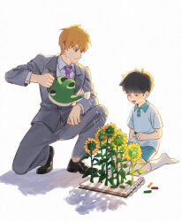 2boys :d age_difference aged_down black_eyes black_hair black_shoes blonde_hair blue_shorts bowl_cut buttons character_sticker child chinese_commentary closed_mouth collared_shirt commentary_request crayon dress_shoes elbow_on_knee flower formal_clothes full_body grey_jacket grey_pants grey_suit highres holding holding_crayon holding_watering_can jacket kageyama_shigeo knee_up kneeling lapels long_sleeves looking_at_object looking_down male_focus mob_psycho_100 multiple_boys necktie no_shoes notched_lapels open_mouth pants purple_necktie reigen_arataka shirt shoes short_hair short_sleeves shorts simple_background sitting sketchbook smile socks sprinkling suit suit_jacket sunflower wariza water water_drop watering_can white_background white_shirt white_socks wing_collar yiziyiziko