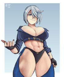 1girl angel_(kof) blue_eyes breasts female_focus gloves highres jacket large_breasts leather looking_at_viewer looking_down pale_skin panties short_hair smile smiley_face standing the_king_of_fighters thick_thighs thighs tomboy-sama tomboy_sama toned toned_female underwear white_hair