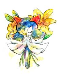 Rule 34 | 1girl, alternate color, closed mouth, crying, flower, full body, gen 3 pokemon, highres, kirlia, lily (flower), nintendo, non (kumakawayusu), painting (medium), pokemon, pokemon (creature), sad, shiny pokemon, short hair, simple background, smile, solo, tears, traditional media, watercolor (medium), white background, yellow flower
