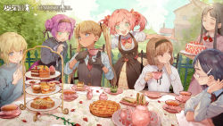 absurdres ahoge angelica_(gunslinger_girl) apple_pie artist_request bad_tag blouse braid braided_bun cake carcano_m1891_(girls&#039;_frontline) carcano_m91/38_(girls&#039;_frontline) claes copyright_name crossover cup cupcake day dessert food french_braid girls&#039;_frontline gloves green_eyes gunslinger_girl hair_bun hair_ornament hair_ribbon henrietta_(gunslinger_girl) highres long_hair multiple_girls official_art open_mouth outdoors parted_bangs pie plate purple_hair ribbon rico_(gunslinger_girl) sandwich shirt sitting standing swept_bangs table tagme teacup tiered_tray triela white_shirt