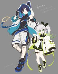 1boy 1girl alternate_costume animal_ear_hood arm_at_side belt black_gloves black_trim black_undershirt blue_belt blue_shoes blue_sleeves bow chest_belt closed_mouth clothing_cutout colored_tips contemporary cross-laced_shoes cross-shaped_pupils eyeliner eyeshadow fake_animal_ears fingerless_gloves genshin_impact gloves gradient_hair green_bow green_eyes green_hair green_shoes green_skirt green_undershirt grey_background hair_bow hand_up height_difference highres hood hood_up hooded_jacket jacket layered_sleeves long_hair long_sleeves looking_at_viewer makeup multicolored_hair nahida_(genshin_impact) open_clothes open_hand open_jacket pochi-a pointy_ears pouch purple_eyes red_eyeliner red_eyeshadow scaramouche_(genshin_impact) shirt shoes shorts shoulder_cutout side_ponytail sidelocks sketch skirt smile sneakers split_mouth symbol-shaped_pupils thigh_pouch thigh_strap toned toned_male translation_request tsurime turtleneck turtleneck_shirt twitter_username wanderer_(genshin_impact) waving white_hair white_hood white_jacket white_shorts white_sleeves yellow_pupils
