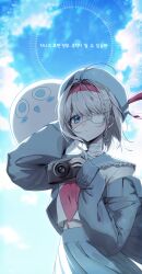 Rule 34 | 1girl, absurdres, black survival, blue sky, camera, character request, eternal return: black survival, eyepatch, hairband, highres, holding, holding camera, looking at viewer, medical eyepatch, medium hair, moonb3702, neckerchief, red hairband, red neckerchief, shirt, sissela (black survival), sissela kyle, sky, solo, white shirt