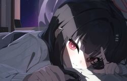 1girl absurdres bed_sheet black_hair blue_archive blunt_bangs blush bright_pupils commentary crack_of_light halo highres index_finger_raised indoors k_cyp long_hair long_sleeves looking_at_viewer lying night night_sky on_stomach red_eyes ribbed_sweater ringed_eyes rio_(blue_archive) sheet_grab sky solo sweater tablet_pc white_pupils white_sweater