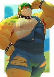 1boy arm_up armpit_hair armpit_hair_peek armpits bara bowser bracelet claws collar commentary english_commentary fangs furry furry_male grin hand_on_headwear hand_on_own_hip highres horns jewelry looking_at_viewer makebork male_focus mario_(series) muscular muscular_male nintendo nipples overalls pants pectorals smile spiked_bracelet spiked_collar spiked_shell spikes torn_clothes torn_pants