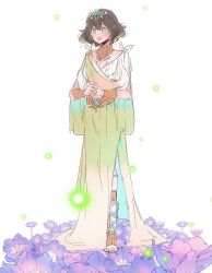 1girl alternate_costume ancient_greek_clothes brown_hair ff14hioo_oo7 field final_fantasy final_fantasy_xiv flower flower_field gladiator_sandals greco-roman_clothes green_eyes green_hair looking_at_viewer medium_hair peplos sandals solo sphene_(ff14) standing tiara