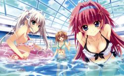 Rule 34 | 3girls, asaba konami, asada konami, bikini, bikini skirt, blue eyes, breasts, brown eyes, brown hair, cleavage, day, frilled bikini, frills, game cg, green bikini, green eyes, grey hair, hair intakes, halterneck, highres, ichinose mio (koi ga saku koro sakura doki), indoor pool, indoors, innertube, izumi tsubasu, jinpou anne, koi ga saku koro sakura doki, leaning forward, long hair, medium breasts, multiple girls, pink bikini, polka dot, polka dot bikini, polka dot swimsuit, pool, red hair, short hair, single hair intake, smile, swim ring, swimsuit, twintails, very long hair, water, white bikini