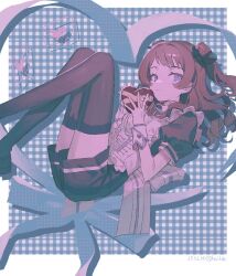 Rule 34 | 1girl, apron, black thighhighs, blue eyes, flying, gakuen idolmaster, hai (haihki), hanami saki, highres, idolmaster, invisible chair, long hair, looking at viewer, looking back, maid apron, shorts, sitting, solo, thighhighs, twitter, twitter username