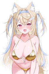 1girl :d absurdres animal_ear_fluff animal_ears bandaid bandaid_hair_ornament bikini blonde_hair blue_hair blue_hairband breasts cleavage crossed_bangs dog_ears dog_girl dog_tail double-parted_bangs fangs fuwawa_abyssgard gold_bikini golden_week hair_between_eyes hair_ornament hairband hairclip halterneck highres hololive hololive_english horn_hairband large_breasts long_hair looking_at_viewer multicolored_hair navel open_mouth pink_eyes ri_nyahn simple_background skin_fangs smile solo streaked_hair string_bikini swimsuit tail two_side_up virtual_youtuber white_background