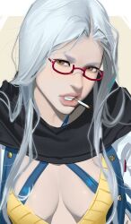 Rule 34 | 1girl, ayase seiko, breasts, brown eyes, cigarette, dandadan, grey hair, jacket, long hair, looking at viewer, mature female, medium breasts, mouth hold, neozumi, red-framed eyewear, semi-rimless eyewear, smoking, solo, sweater, teeth hold, white jacket, yellow sweater