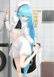 Rule 34 | 1girl, absurdres, ascot, azur lane, beret, black ascot, blue hair, blunt ends, braid, chinese commentary, closed mouth, collar, commentary request, crop top, crop top overhang, cropped shirt, foot out of frame, hair over eyes, hat, highres, indoors, janus (azur lane), janus (fear of changing...clothes) (azur lane), laundry basket, leg up, long bangs, long hair, mirror, navel, nemohlx, panties, panty peek, pleated skirt, reflection, removing legwear, school uniform, shirt, single braid, skirt, solo, standing, standing on one leg, stomach, thighhighs, tile wall, tiles, underwear, very long hair, washing machine, white collar, white hat, white panties, white shirt, white skirt, white thighhighs