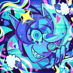 Rule 34 | 1boy, absurdres, aqua hair, artist name, blue hair, blue nails, blue skin, blue theme, colored eyelashes, colored skin, cookie run, cookie run: kingdom, extra eyes, eye tattoo, film grain, fingernails, from above, grin, heart, highres, humanization, ibble (ibblescribbles), looking at viewer, lower eyelashes only, male focus, mismatched eyelashes, monitoring (vocaloid), multicolored hair, nail polish, neck ruff, pointy ears, portrait, shadow milk cookie, sharp fingernails, sharp teeth, sheep, smile, solo, sparkle, streaked hair, tearing up, teeth, white eyelashes