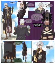 1boy 1girl absurdres aversa_(fire_emblem) black_thighhighs breasts cleavage comic crossed_arms dark-skinned_female dark_skin english_text facial_mark fire_emblem fire_emblem_awakening highres hood hoodie large_breasts lipstick makeup male_robin_(fire_emblem) navel nintendo praiselazlo short_hair tagme thick_thighs thighhighs thighs white_hair wide_hips