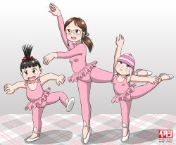 1girl agnes_(despicable_me) arm_up ballerina ballet_slippers beanie black_hair blonde_hair blue_eyes blush bow breasts brown_eyes brown_hair collarbone despicable_me edith_(despicable_me) flat_chest freckles glasses gradient_background grey_background grey_ribbon hair_ornament hair_ribbon hat leggings leotard loli long_hair long_sleeves looking_down looking_up margo_(despicable_me) marup open_mouth pink_bow pink_hat pink_leggings pink_leotard pink_skirt ponytail ribbon shoes short_hair skirt small_breasts smile standing standing_on_one_leg striped_clothes striped_headwear tiptoes topknot tutu white_shoes