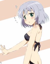 Rule 34 | 1girl, ass, bikini, black bikini, blush, butt crack, green eyes, grey hair, ma-2 (konkon kitakitsune), open mouth, sanya v. litvyak, short hair, simple background, solo, strike witches, strike witches: aurora no majo, strike witches: suomus misfits squadron, swimsuit, world witches series