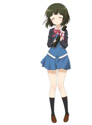 Rule 34 | 1girl, ^ ^, arched bangs, black jacket, black socks, blue skirt, blue vest, bow, bowtie, brown shoes, buttons, closed eyes, closed mouth, collared shirt, diploma, diploma tube, double-breasted, full body, green hair, highres, holding, holding diploma, jacket, kin-iro mosaic, loafers, long sleeves, miniskirt, moegi high school uniform, official art, oomiya shinobu, open clothes, open jacket, pink bow, pink bowtie, pleated skirt, school uniform, shirt, shoes, short hair, simple background, skirt, smile, socks, solo, standing, striped bow, striped bowtie, striped clothes, tachi-e, transparent background, ueta kazuyuki, vest, white shirt, winter uniform