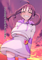 1girl absurdres ahoge arms_behind_back cloud cloudy_sky commentary cowboy_shot drawstring facing_viewer grin hakuino_hakase highres hood hood_down hoodie idol_heart_brooch kimi_to_idol_precure long_sleeves medium_hair miniskirt multicolored_sky orange_sky pink_hoodie pink_skirt pink_thighhighs precure purple_sky shigure_kokoro skirt sky smile solo standing thighhighs translated twilight twintails wind
