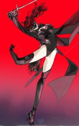 1girl arm_up black_choker black_coat black_leotard black_mask black_ribbon black_shoes black_thighhighs choker coat eye_mask frilled_sleeves frills full_body gloves hair_ribbon high_heels high_ponytail highres holding holding_sword holding_weapon knee_up leg_up leotard long_sleeves mask masquerade_mask meameeea pale_skin persona persona_5 persona_5_the_royal ponytail red_background red_gloves red_hair ribbon scabbard sheath shoes smile solo standing standing_on_one_leg strapless strapless_leotard sword thighhighs weapon yoshizawa_kasumi