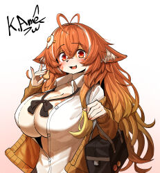 1girl absurdres animal_ear_fluff animal_ears antenna_hair bag black_bow black_bowtie blonde_hair blush bow bowtie breasts brown_cardigan buttons cardigan cat_ears cat_girl collared_shirt crossed_bangs egg_hair_ornament facial_mark fang food food-themed_hair_ornament furry furry_female gradient_hair hair_ornament highres holding holding_food huge_breasts kagarimachi_konatsu long_hair looking_at_viewer loose_bowtie multicolored_hair open_cardigan open_clothes open_mouth orange_hair original partially_unbuttoned red_eyes shirt signature solo streaked_hair vrchat white_hair