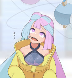 1girl breasts bright_pupils commentary_request dizzy green_hair grey_shirt highres iono_(pokemon) jacket kellila93 long_hair multicolored_hair nintendo open_mouth pink_hair pokemon pokemon_sv purple_eyes rolling_eyes shirt sleeveless sleeveless_shirt small_breasts solo teeth tongue two-tone_hair upper_teeth_only white_pupils yellow_jacket