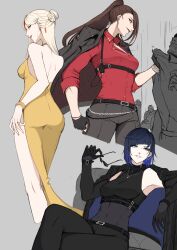 3girls alternate_costume bare_shoulders beidou_(genshin_impact) black_gloves black_jacket black_pants black_shirt blue_hair breasts brown_hair clothes_grab cropped_legs crossed_legs diagonal_bangs dress genshin_impact gloves green_eyes grey_background grey_pants harness highres holding holding_removed_eyewear jacket jacket_on_shoulders long_hair looking_at_another looking_back medium_breasts multiple_girls ningguang_(genshin_impact) pants pnatsu ponytail red_eyes red_shirt shirt short_hair sleeveless sleeveless_shirt smile sunglasses unworn_eyewear white_hair yelan_(genshin_impact) yellow_dress