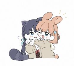 2girls ;d animal_ears aqua_eyes blue_eyes blue_hair blue_ribbon blush brown_cardigan brown_dress cardigan commentary crossed_bangs dress hair_ornament hair_ribbon hasu_no_sora_school_uniform hinoshita_kaho hug kemonomimi_mode link!_like!_love_live! long_hair long_sleeves love_live! low_twintails medium_hair multiple_girls murano_sayaka neckerchief one_eye_closed open_cardigan open_clothes open_mouth orange_hair rabbit_ears rabbit_girl rabbit_hair_ornament rabbit_tail red_neckerchief red_panda_ears red_panda_girl red_panda_tail ribbon sailor_collar sailor_dress school_uniform smile symbol-only_commentary tail twintails two_side_up virtual_youtuber white_sailor_collar winter_uniform zueka27