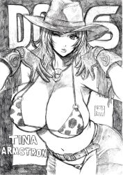 belt bikini bikini_top_only breasts cowboy_clothes cowboy_hat dead_or_alive hat large_breasts medium_hair monochrome skidrow swimsuit tina_armstrong