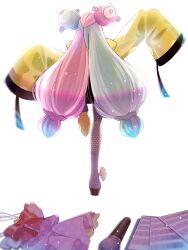 Rule 34 | 1girl, blue hair, character hair ornament, clothes on floor, commentary request, from behind, full body, hair ornament, highres, iono (pokemon), jacket, kana (kanna runa0620), long hair, long sleeves, microphone, multicolored hair, nintendo, paper, pink hair, pokemon, pokemon sv, sleeves past fingers, sleeves past wrists, solo, standing, standing on one leg, twintails, two-tone hair, very long hair, white background, wide sleeves, yellow jacket
