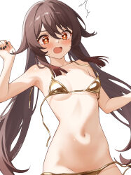 1girl absurdres armpits bare_shoulders bikini black_nails blush brown_hair commentary_request genshin_impact gold_bikini highres hu_tao_(genshin_impact) long_hair narawannko navel open_mouth red_eyes simple_background solo star-shaped_pupils star_(symbol) stomach swimsuit symbol-shaped_pupils wardrobe_malfunction white_background
