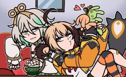 2girls ahoge artist_name bandaid bandaid_on_leg brown_hair cecilia_immergreen commentary cup derivative_work english_commentary gardavwar gigi_murin green_eyes green_hair heart highres holding holding_stuffed_toy hololive hololive_english huge_ahoge long_sleeves looking_at_another multiple_girls nemlei_(style) o3o parody parted_lips pink_eyes puckered_lips raised_eyebrow short_hair single_thighhigh striped_clothes striped_thighhighs stuffed_toy style_parody teacup the_coffin_of_andy_and_leyley thighhighs twintails virtual_youtuber white_hair winding_key