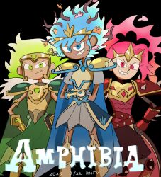 3girls amphibia anne_boonchuy black_background blue_eyes blue_hair commentary_request copyright_name feet_out_of_frame green_eyes green_hair highres ku_260211 looking_at_viewer marcy_wu multiple_girls pink_eyes pink_hair sasha_waybright smile