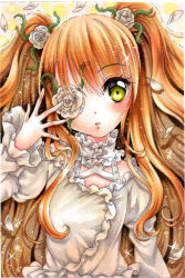 1girl blush choker criss-cross_straps dot_nose dress expressionless falling_petals flower flower_over_eye frilled_choker frilled_dress frills hair_flower hair_ornament hand_up kirakishou long_hair long_sleeves looking_at_viewer mosho orange_hair parted_lips petals plant rose rozen_maiden solo sparkle spread_fingers thorns traditional_media twintails upper_body very_long_hair vines white_dress white_flower white_rose yellow_eyes