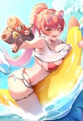 1girl :d absurdres banana_boat bikini bikini_under_clothes blue_sky blush breasts clothes_lift commentary_request cropped_shirt crossed_bangs day dolphin_shorts double-parted_bangs earrings eyewear_on_head hair_between_eyes halterneck heart heart-shaped_eyewear heterochromia highres hinoki_kahun0 holding holding_water_gun hololive houshou_marine houshou_marine_(summer) jewelry large_breasts long_hair looking_at_viewer navel necklace o-ring o-ring_thigh_strap ocean official_alternate_costume official_alternate_hairstyle open_mouth outdoors outstretched_arm partially_underwater_shot ponytail red_bikini red_eyes red_hair see-through_clothes see-through_shirt shirt shirt_lift short_shorts shorts sky smile solo string_bikini sunglasses swimsuit t-shirt tentacles thigh_strap very_long_hair virtual_youtuber water water_gun wet white_shirt white_shorts yellow_eyes